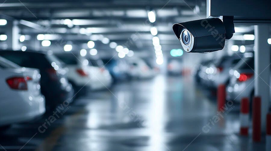 Câmera de segurança preta vigia estacionamento moderno com carros e luzes azuis