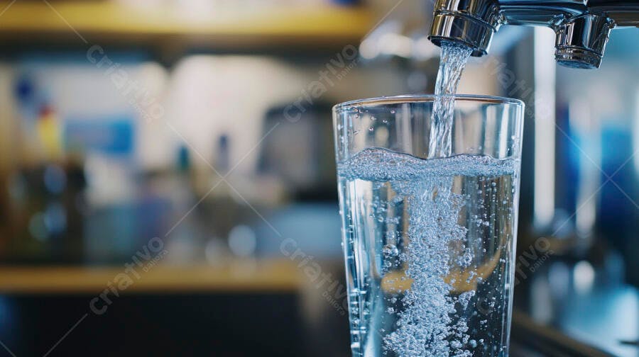 Água fresca sendo despejada em um copo na cozinha
