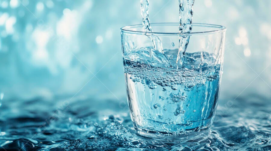 Água fresca sendo derramada em copo transparente com bolhas azuis