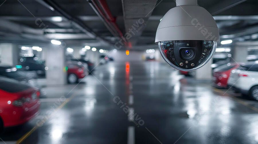 Câmera de segurança moderna no estacionamento subterrâneo com carros vermelhos