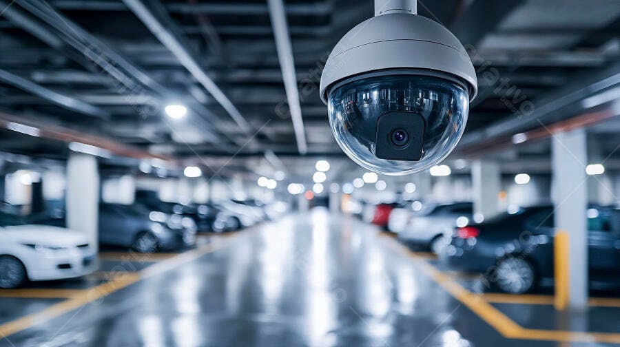 Câmera de segurança dome em estacionamento subterrâneo moderno