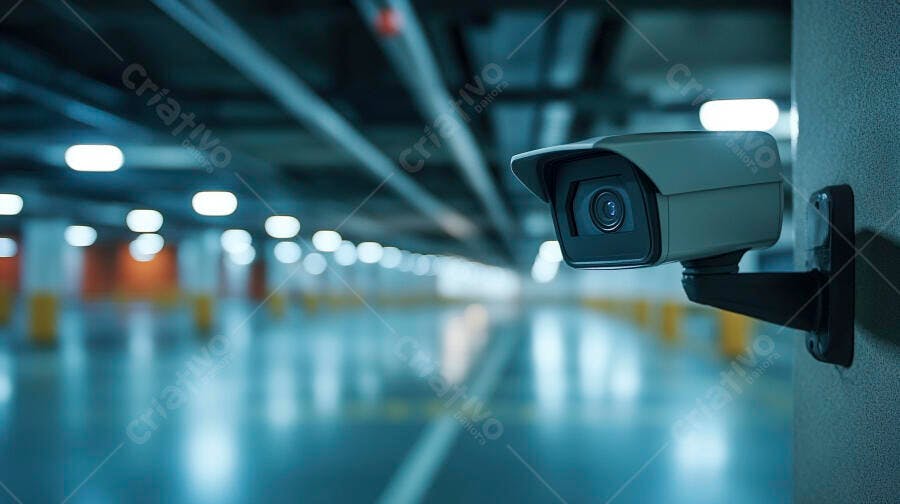 Câmera de segurança cinza em estacionamento subterrâneo vazio com luzes azuis