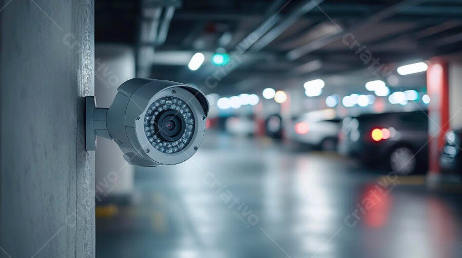 Câmera de segurança cinza monitorando estacionamento subterrâneo com carros e luzes coloridas