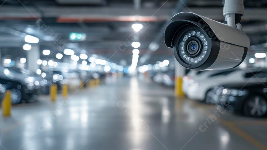 Câmera de segurança em estacionamento subterrâneo moderno com carros
