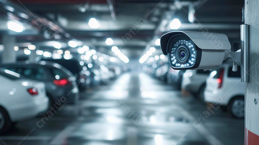 Câmera de segurança monitorando estacionamento subterrâneo com carros e luzes azuis