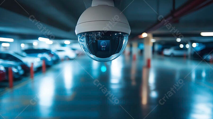 Câmera de vigilância dome em estacionamento subterrâneo moderno