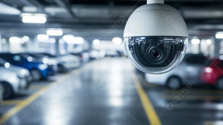 Câmera de segurança dome branca monitorando estacionamento subterrâneo com carros