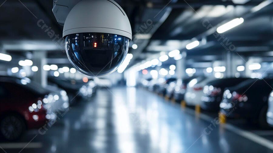 Câmera de segurança dome monitorando estacionamento subterrâneo moderno com carros e luzes azuis
