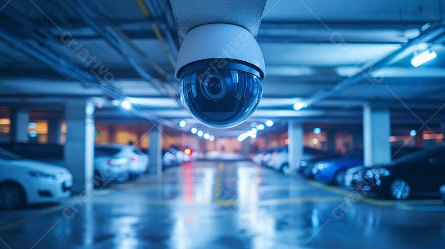 Câmera de segurança dome branca em estacionamento subterrâneo noturno