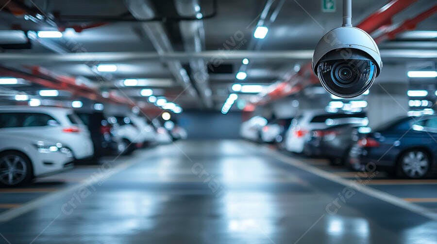 Câmera de segurança branca monitorando estacionamento subterrâneo com carros modernos e luzes fluorescentes