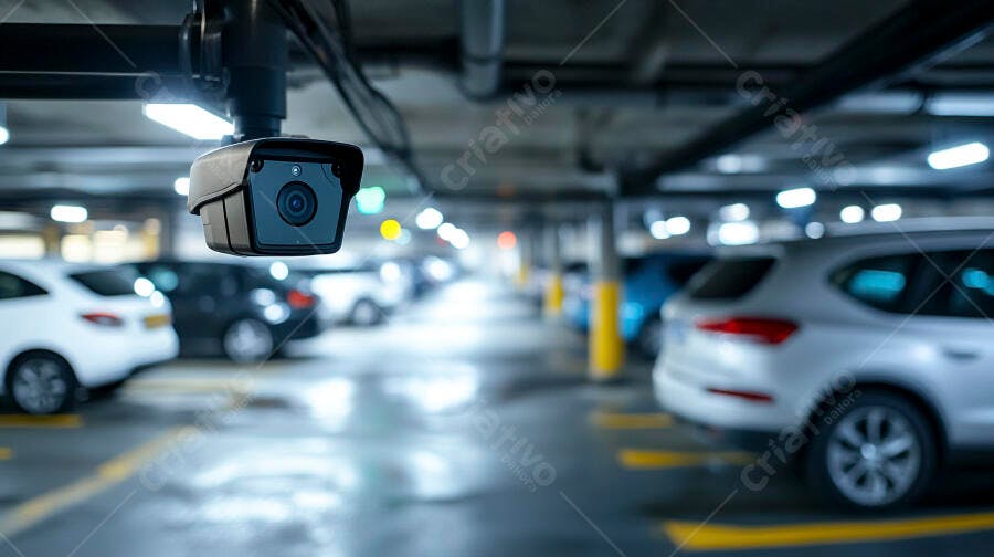 Câmera de segurança preta monitorando carros em estacionamento subterrâneo com luzes LED