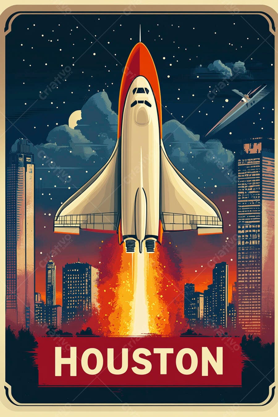 Ônibus espacial branco decolando sobre Houston à noite ilustração vintage