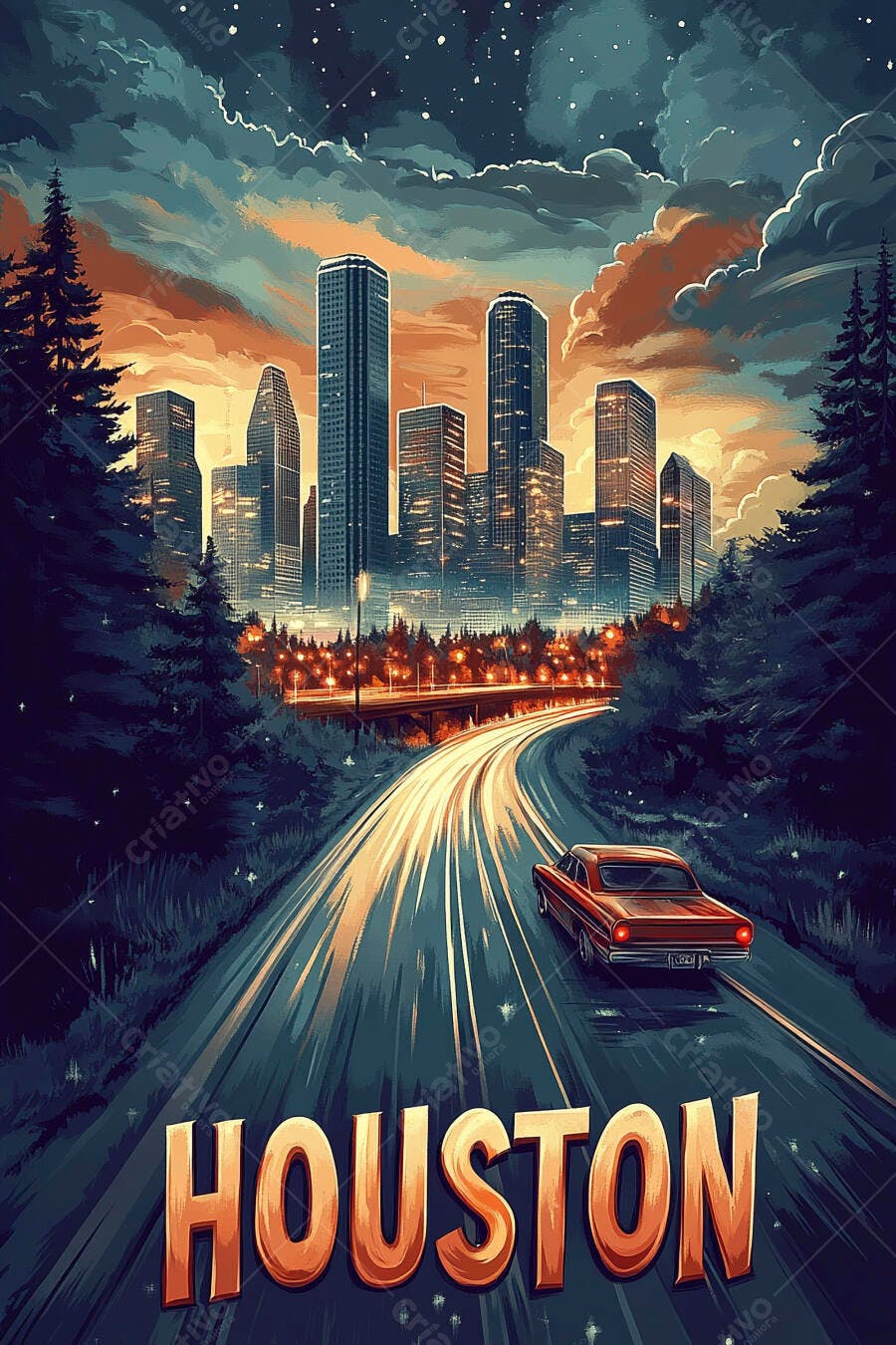Cidade de Houston com carro clássico vermelho em estrada ao anoitecer
