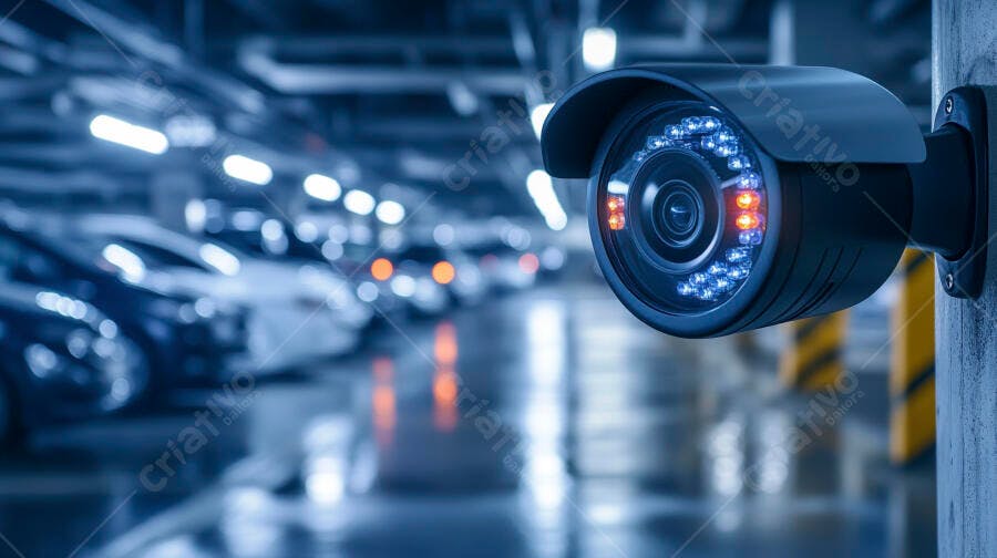 Câmera de segurança CCTV em estacionamento subterrâneo noturno azul