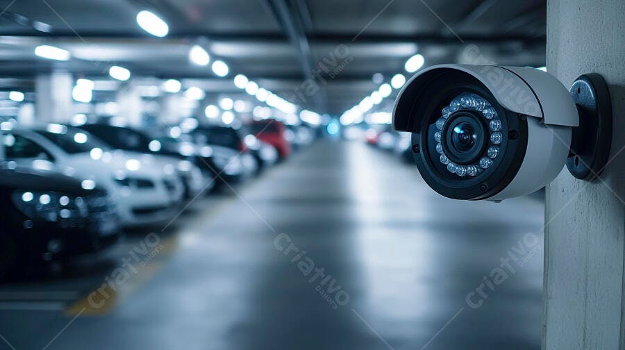 Câmera de segurança moderna em estacionamento subterrâneo iluminado com carros
