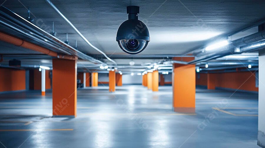 Câmera de segurança em estacionamento subterrâneo vazio moderno com pilares laranja