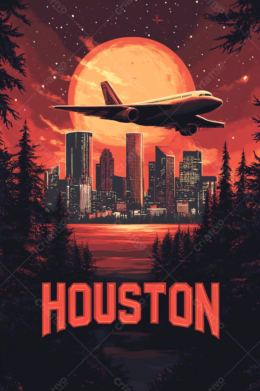 Avião comercial sobre Houston com lua gigante e céu noturno avermelhado