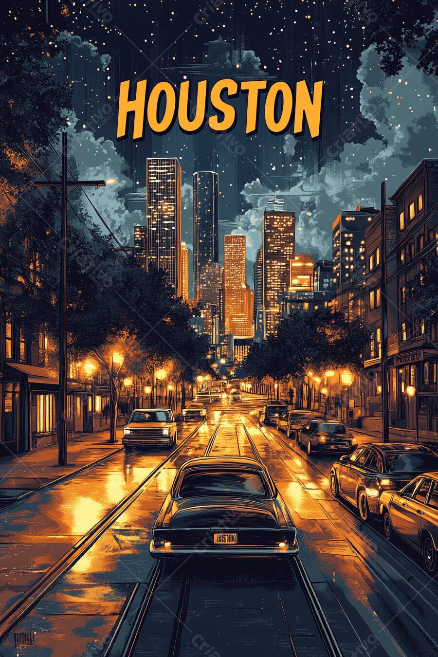 Houston cidade noturna com carros clássicos e arranha-céus iluminados