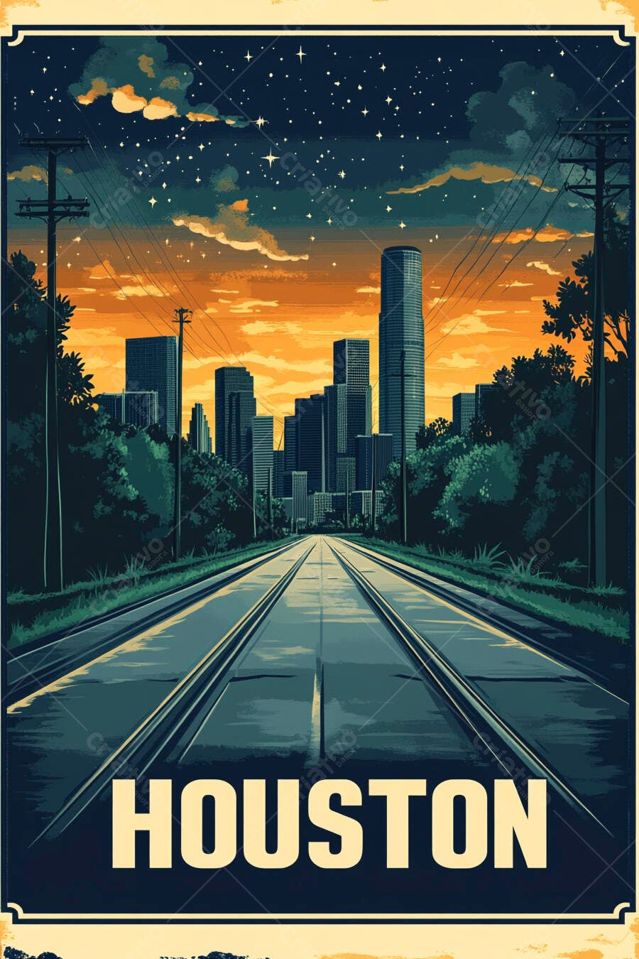 Poster vintage Houston ao anoitecer com estrada e arranha-céus