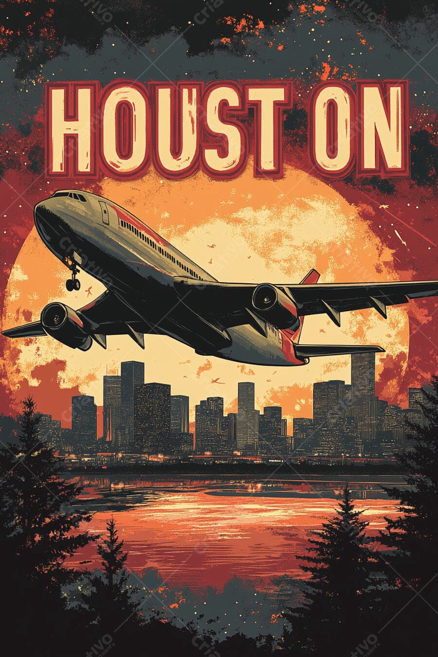 Avião decolando sobre Houston ao pôr do sol laranja com arranha-céus