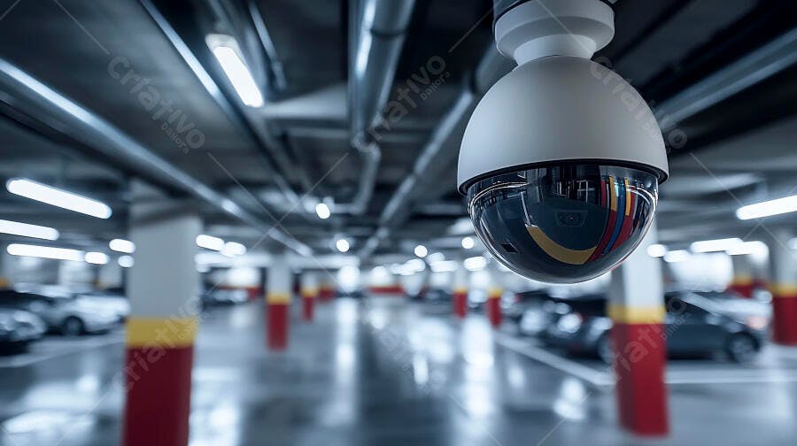 Câmera de segurança dome monitorando estacionamento subterrâneo com carros