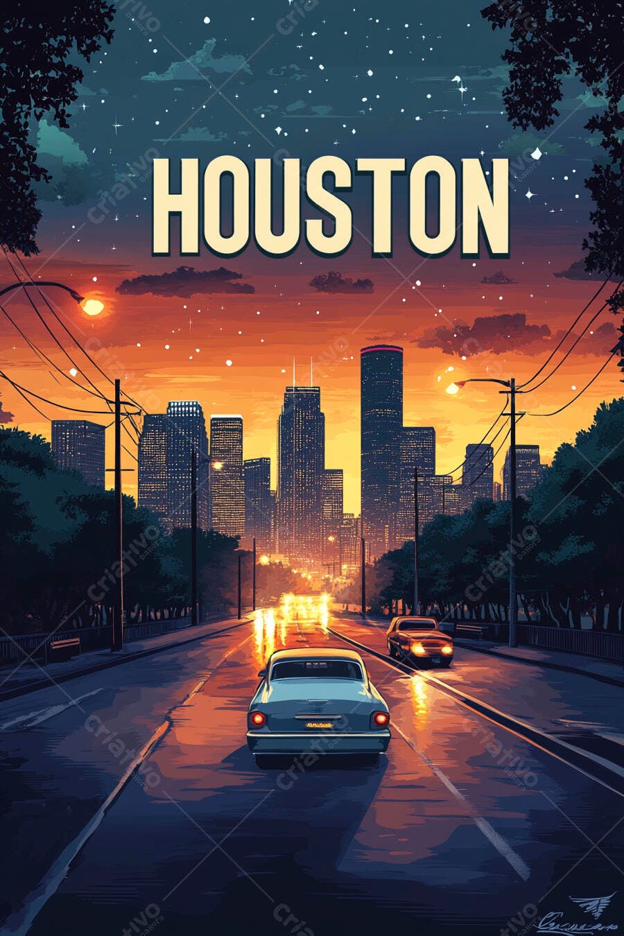 Houston pôr do sol urbano carro clássico azul na rua molhada com arranha-céus