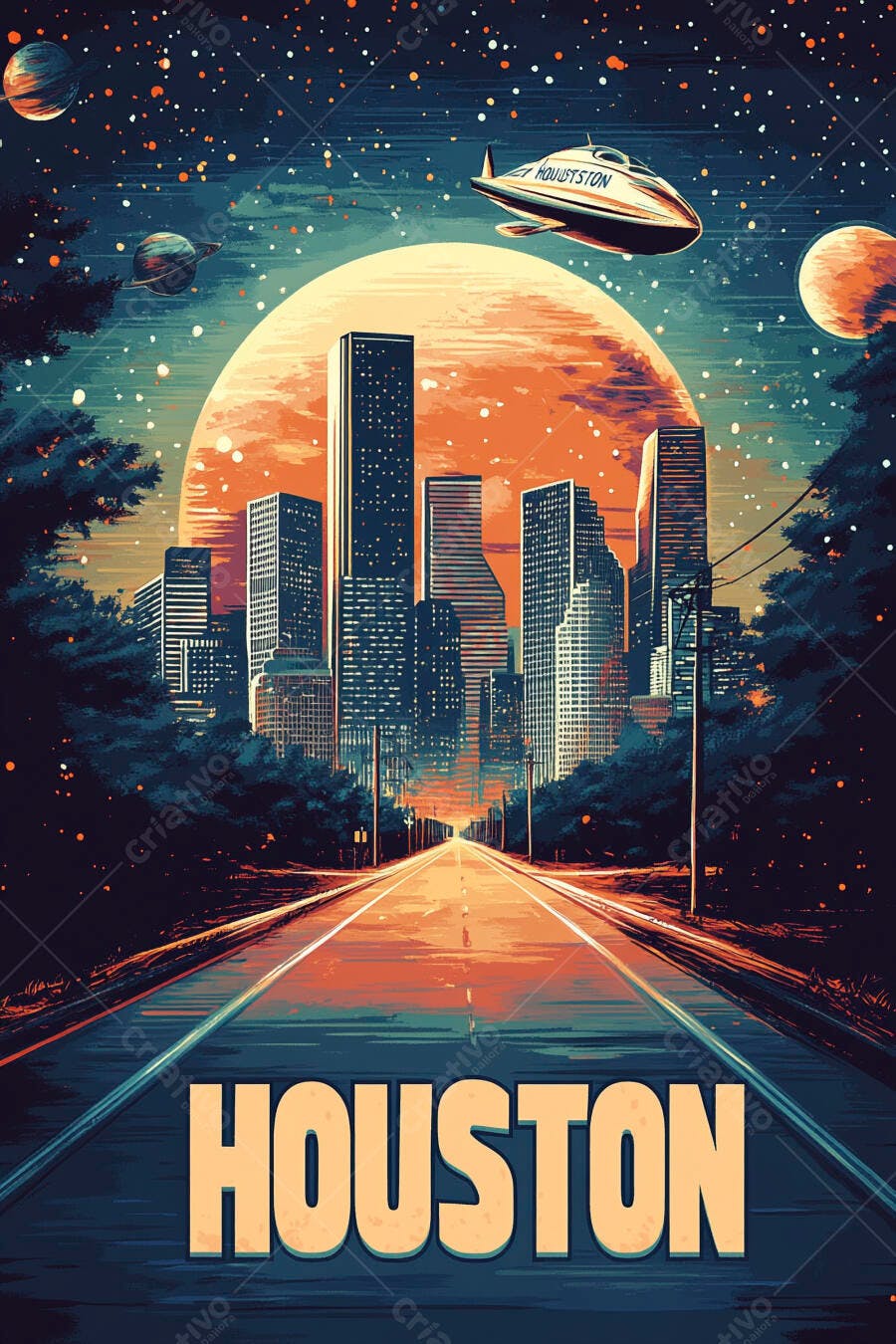 Houston ilustração cidade futurista nave espacial e planetas céu estrelado laranja
