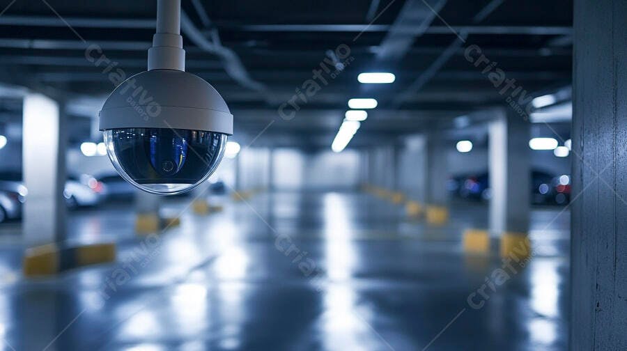 Câmera de segurança dome cinza em estacionamento subterrâneo com luzes azuis