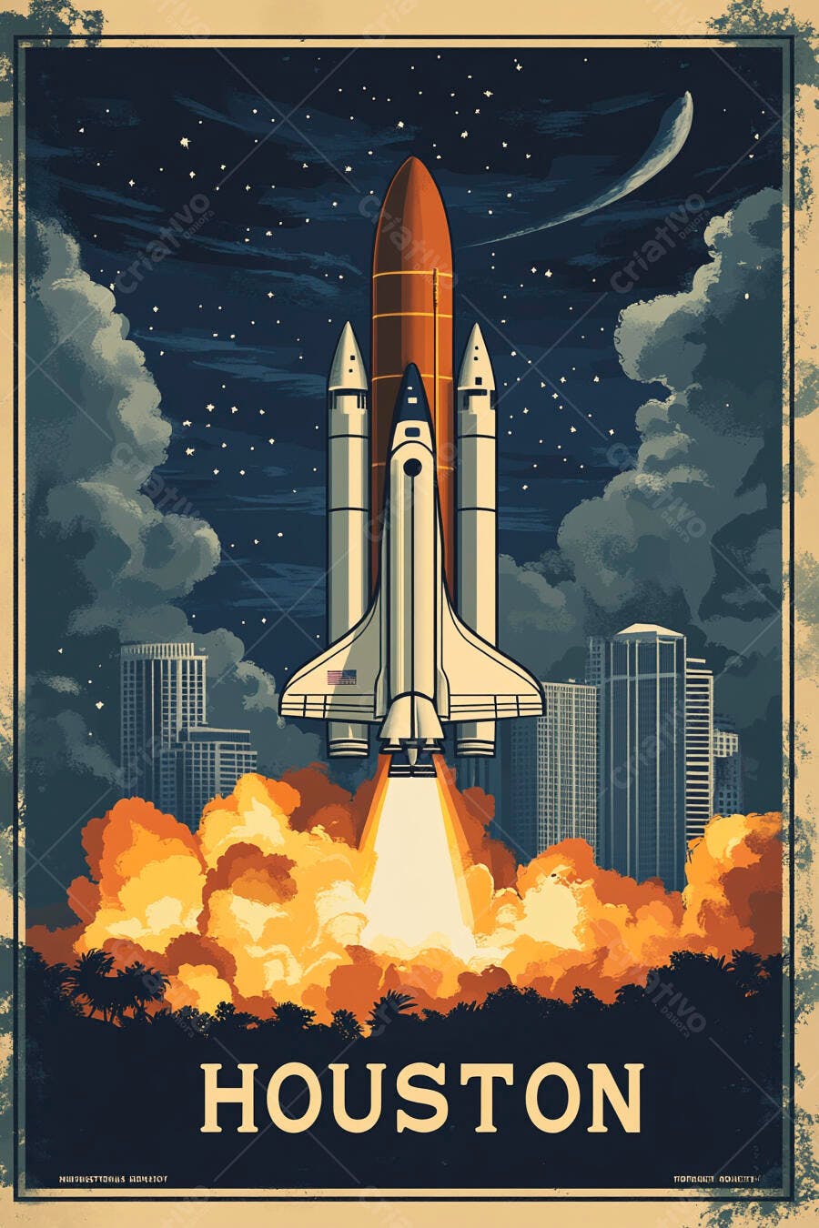 Ônibus espacial lançando em Houston à noite poster retrô