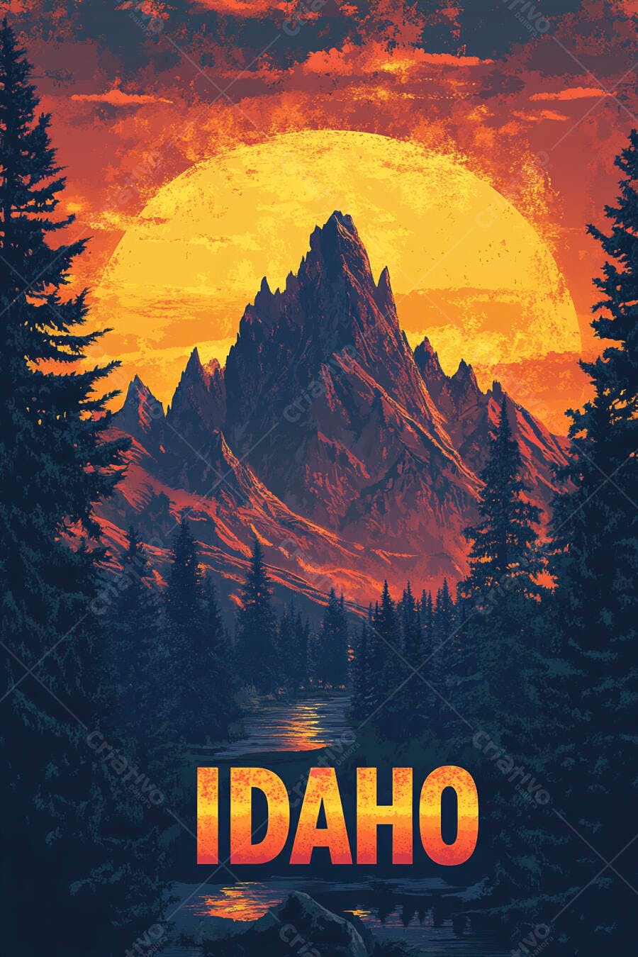 Montanhas de Idaho ao pôr do sol com pinheiros e rio dourado