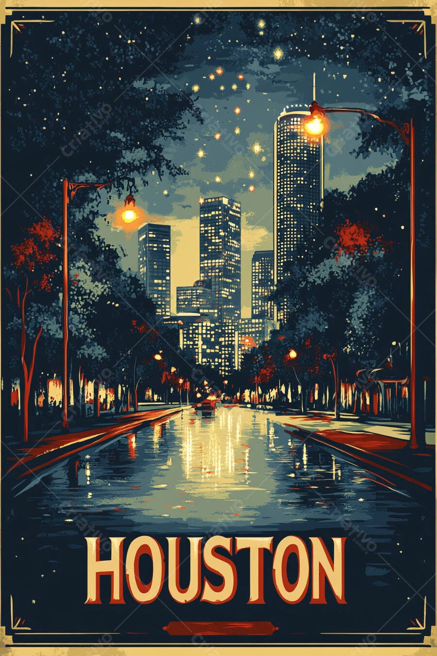 Houston paisagem urbana noturna chuvosa com arranha-céus