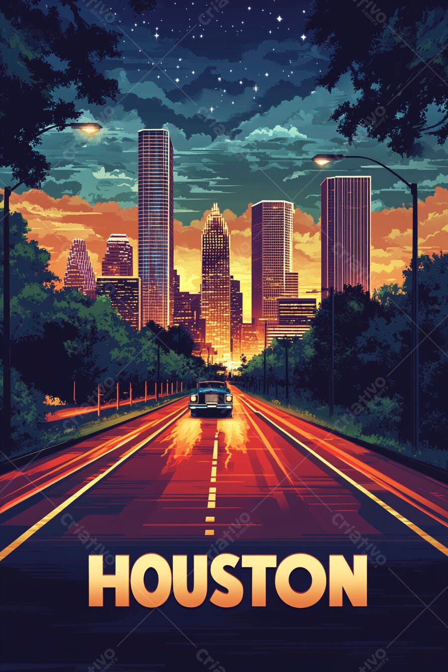 Houston cidade skyline com carro em estrada iluminada ao anoitecer e estrelas