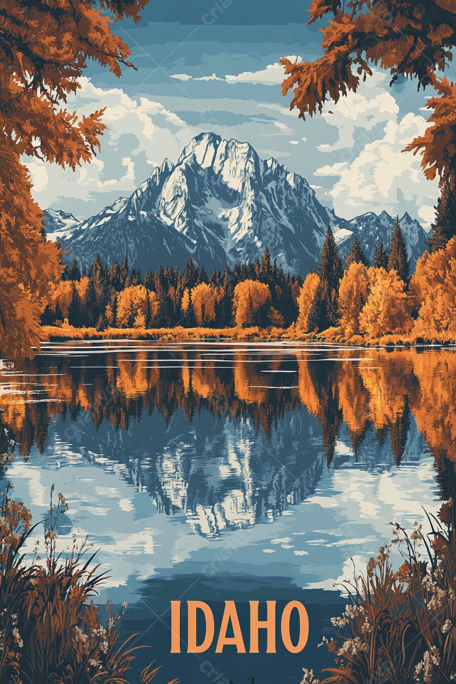 Montanha nevada e lago sereno outonal em Idaho