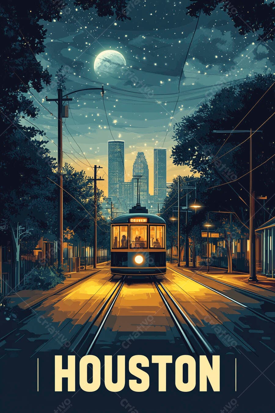 Bonde azul em rua iluminada de Houston à noite com arranha-céus sob lua cheia