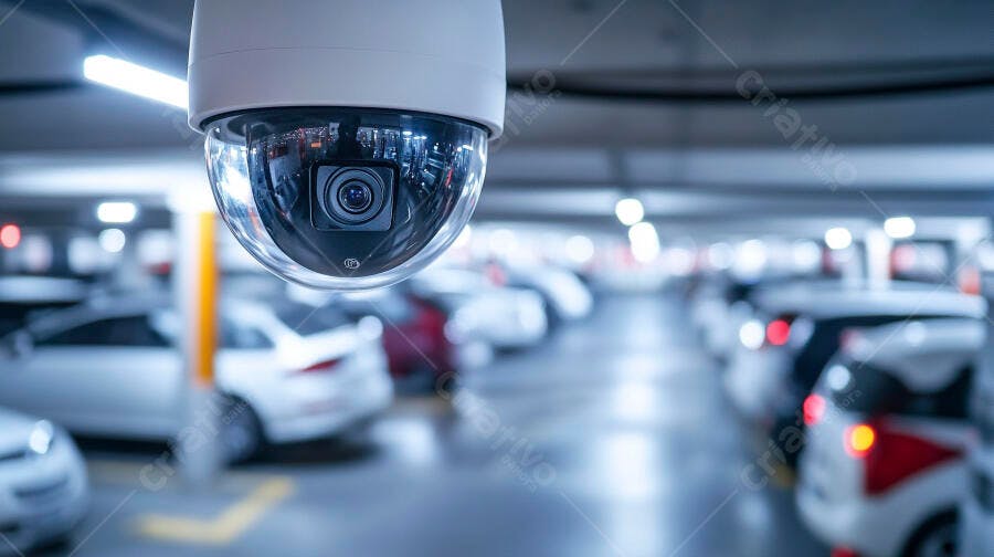 Câmera de segurança em estacionamento subterrâneo moderno com carros e luzes brancas