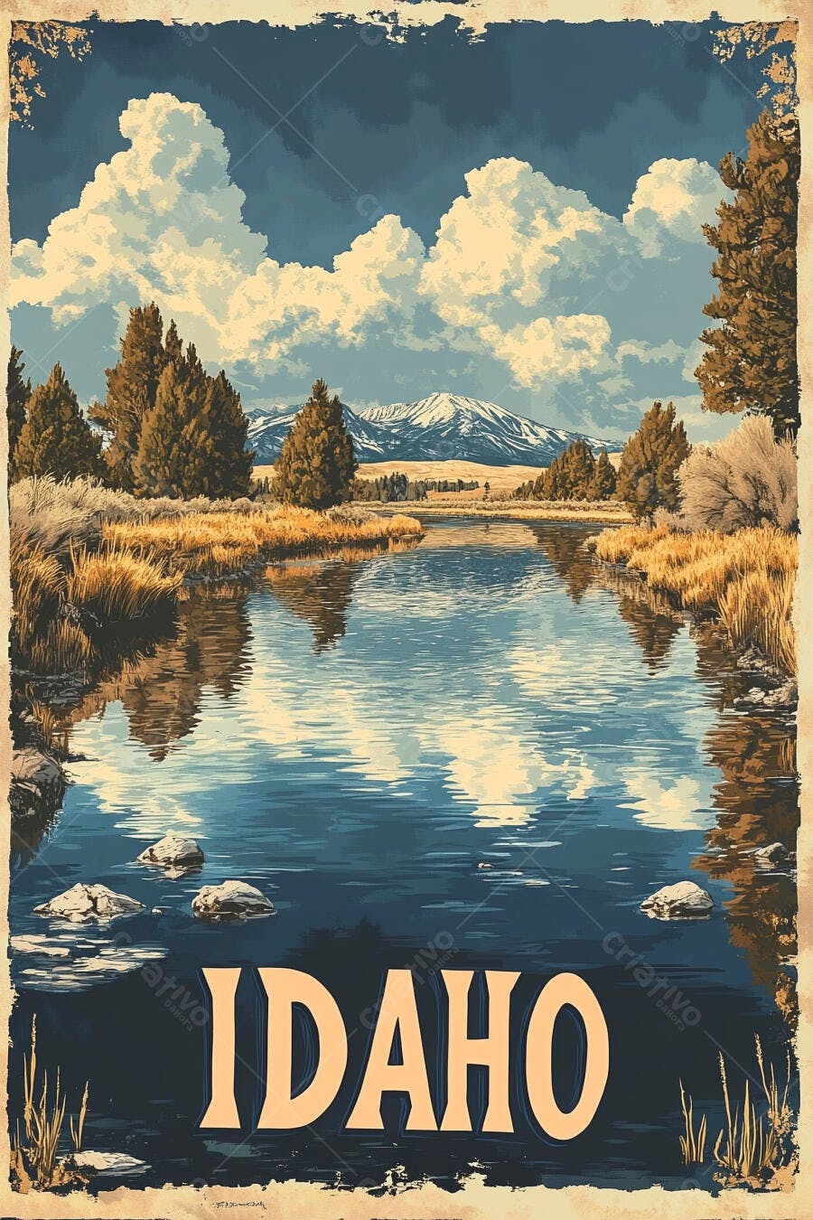 Poster vintage Idaho rio com montanhas nevadas e pinheiros sob céu azul com nuvens