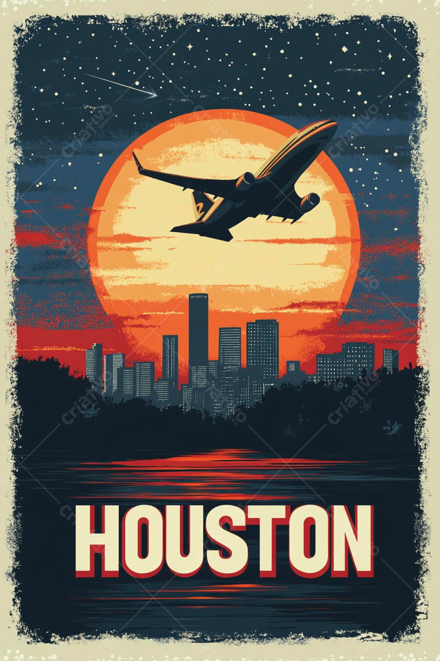 Pôster retrô Houston avião sobre skyline urbano no crepúsculo