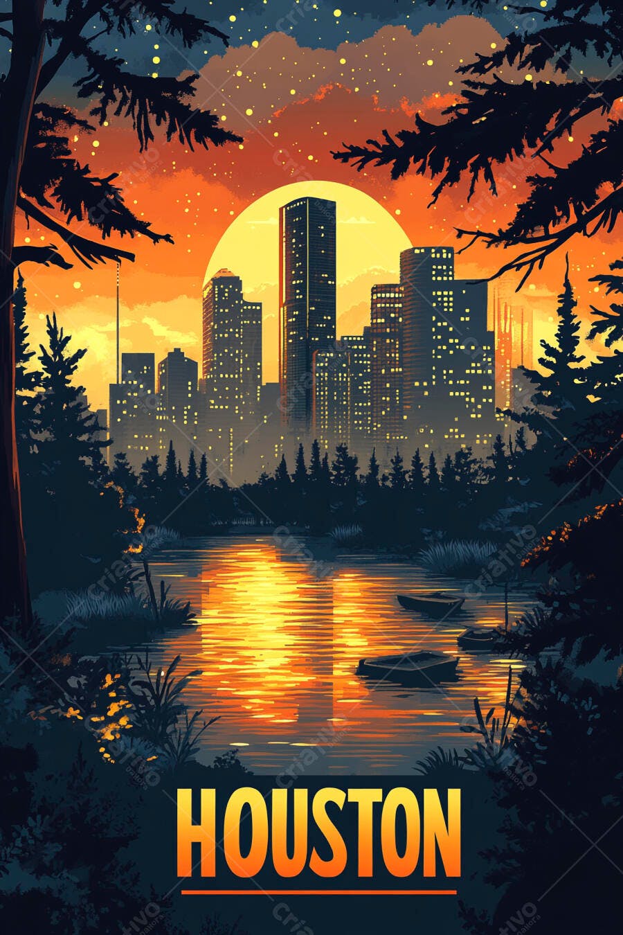 Houston pôr do sol paisagem urbana com lago dourado e silhueta de pinheiros