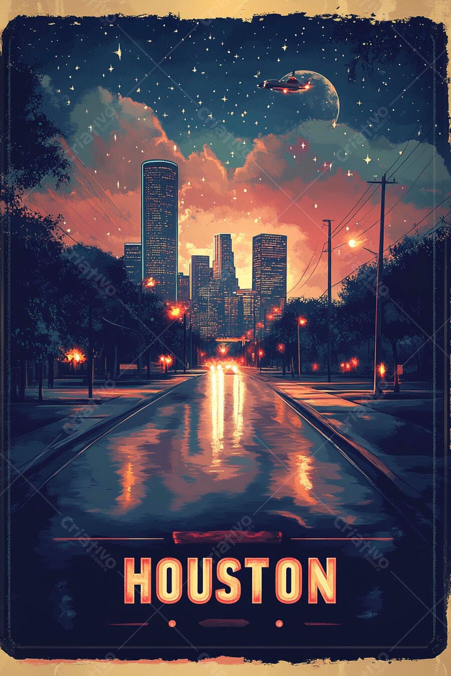 Houston cidade noturna com óvni sobre arranha-céus e rua molhada