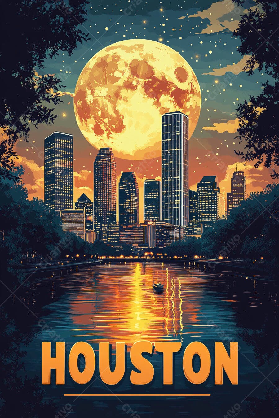 Skyline de Houston noturno com lua cheia e reflexos no rio