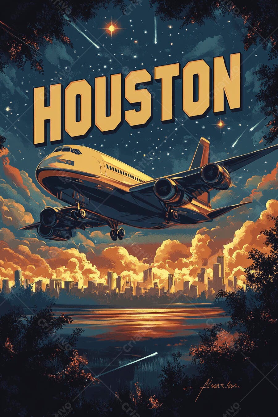 Avião voando sobre Houston à noite pôster de viagem retrô