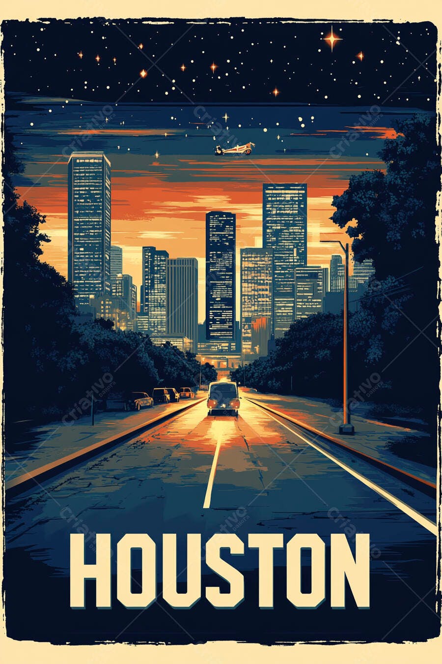 Poster retrô Houston cidade ao anoitecer arranha-céus e rua iluminada