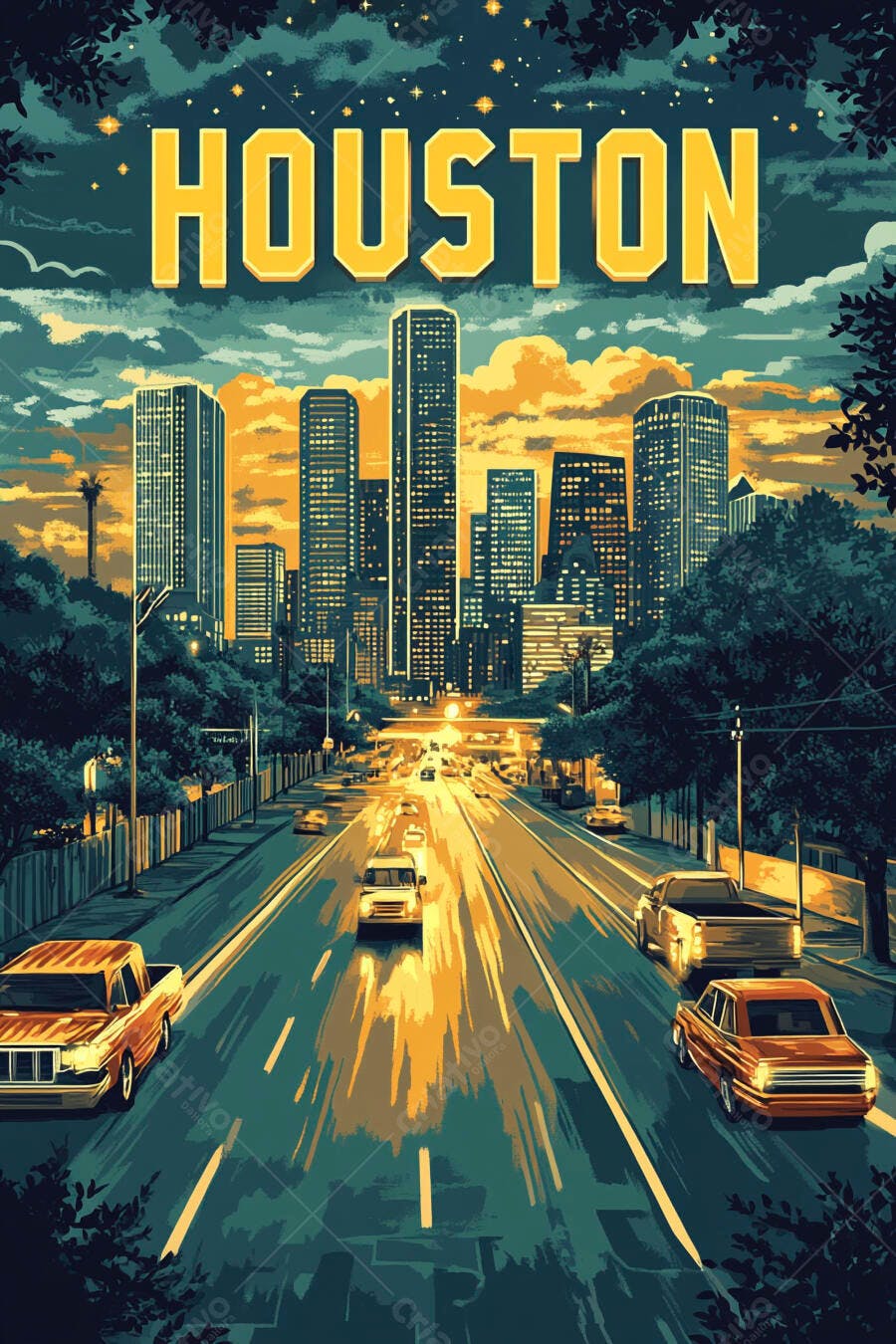 Houston paisagem urbana ao entardecer com tráfego e estilo retro