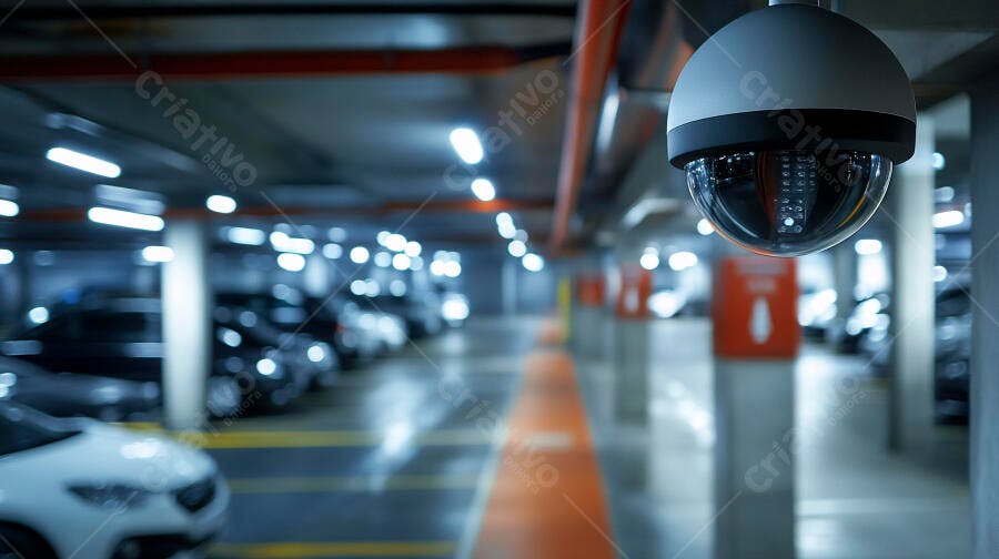 Câmera de segurança em estacionamento subterrâneo moderno com luzes azuis