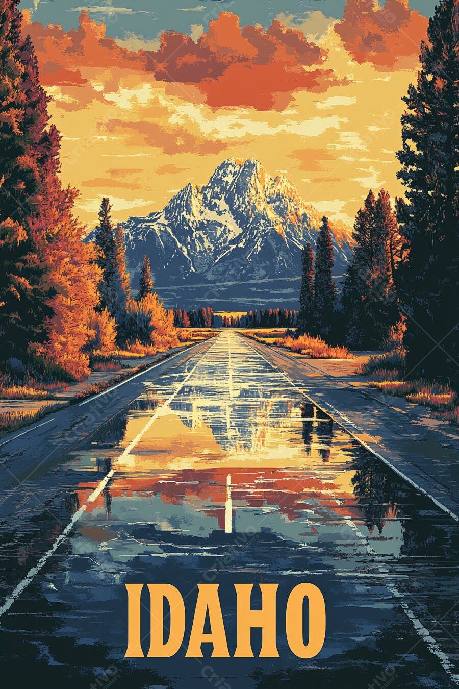Estrada molhada em Idaho com montanhas nevadas refletidas ao pôr do sol