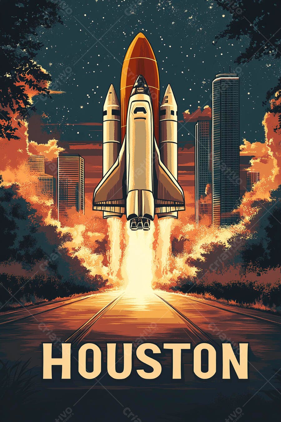 Ônibus espacial branco laranja decolando em Houston à noite estrelada