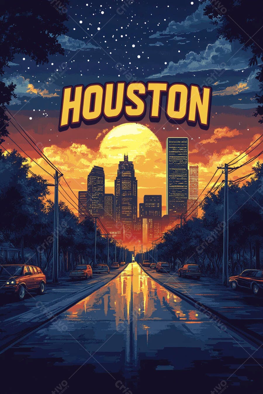 Houston pôster retrô com skyline ao entardecer na rua molhada