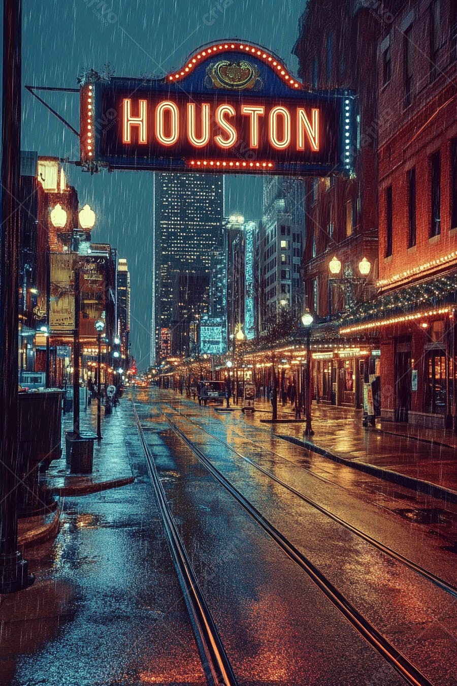 Sinal neon Houston cidade chuvosa noturna e vibrante com reflexos na rua molhada