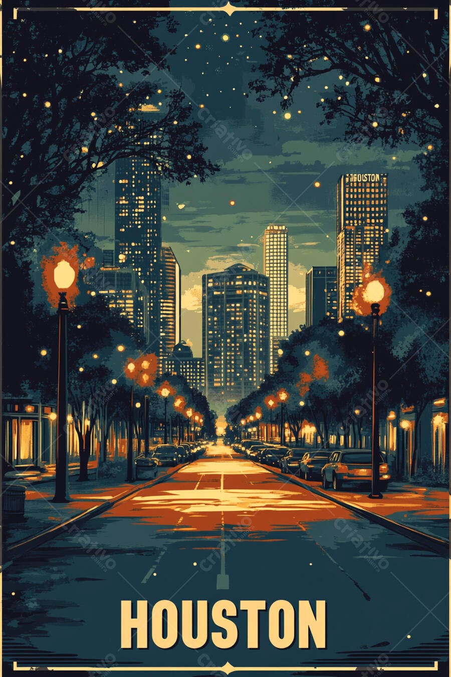 Rua noturna de Houston com arranha-céus iluminados e carros estacionados