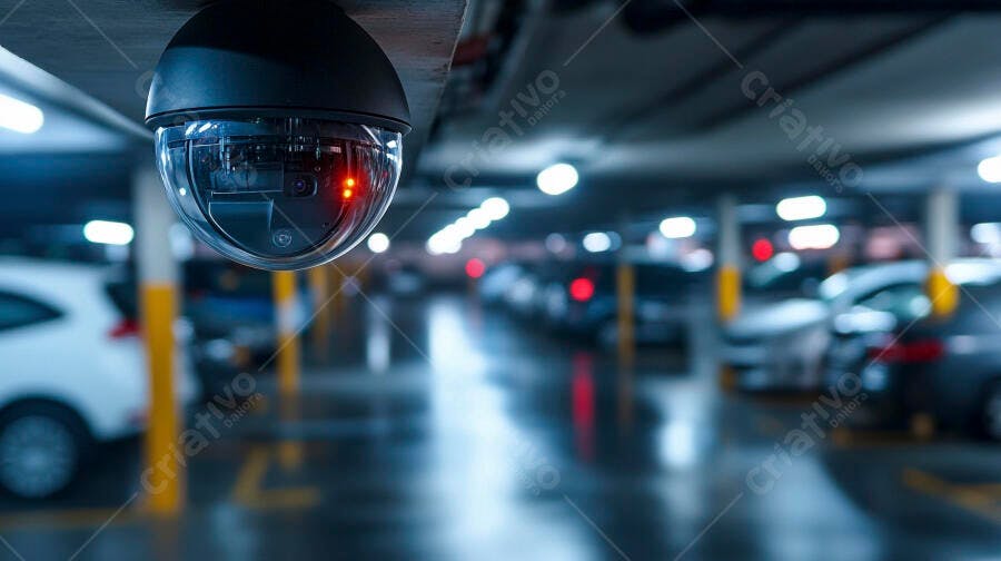 Câmera de segurança cúpula preta em estacionamento subterrâneo escuro com luz vermelha